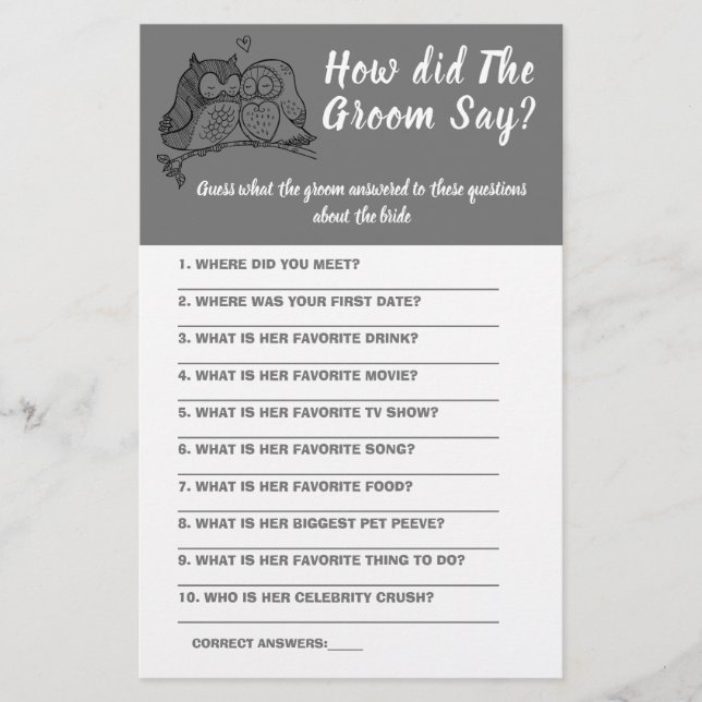 Flyer Tarjeta de juego Bridal Shower What do the Groom S (Frente)