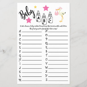 FLYER TARJETA DE JUEGO DE BABY SHOWER ABC DE BEBÉ CIGÜEÑ