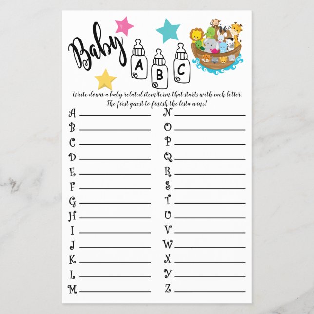 Flyer Tarjeta de juego de Baby Shower Ark ABC de Noah (Frente)