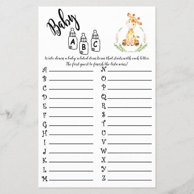 FLYER TARJETA DE JUEGO DE BABY SHOWER DE ANIMALES AFRICA (Frente)