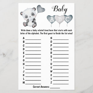 Flyer Tarjeta de juego de baby shower de bebé panda ABC