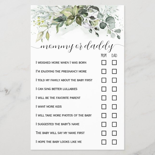 Flyer Tarjeta de juego de Baby Shower Greenery Mom o Dad (Frente)