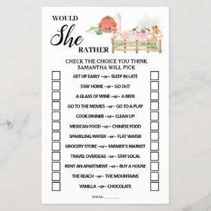 Flyer Tarjeta de juego de baby shower '¿Qué preferiría e