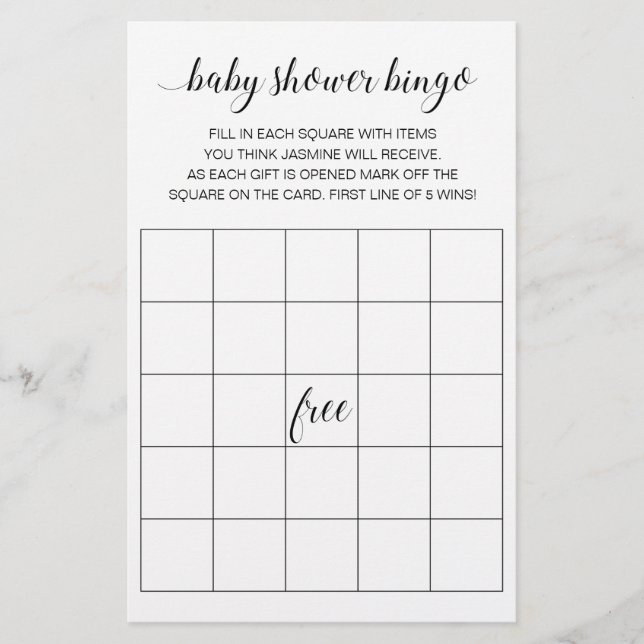 Flyer Tarjeta de juego de bingo Baby Shower con guión mo (Frente)