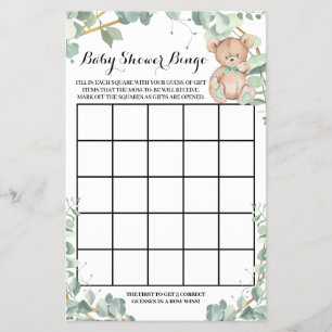 Flyer Tarjeta de juego de Bingo Baby Shower de Bear Gree