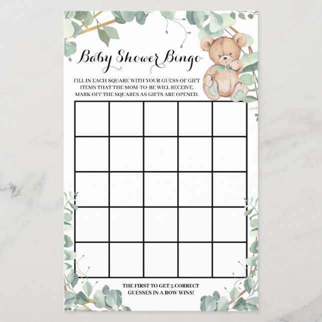 Flyer Tarjeta de juego de Bingo Baby Shower de Bear Gree (Frente)