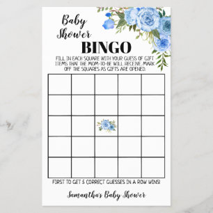 Flyer Tarjeta de juego de Bingo Baby Shower Flores Azule
