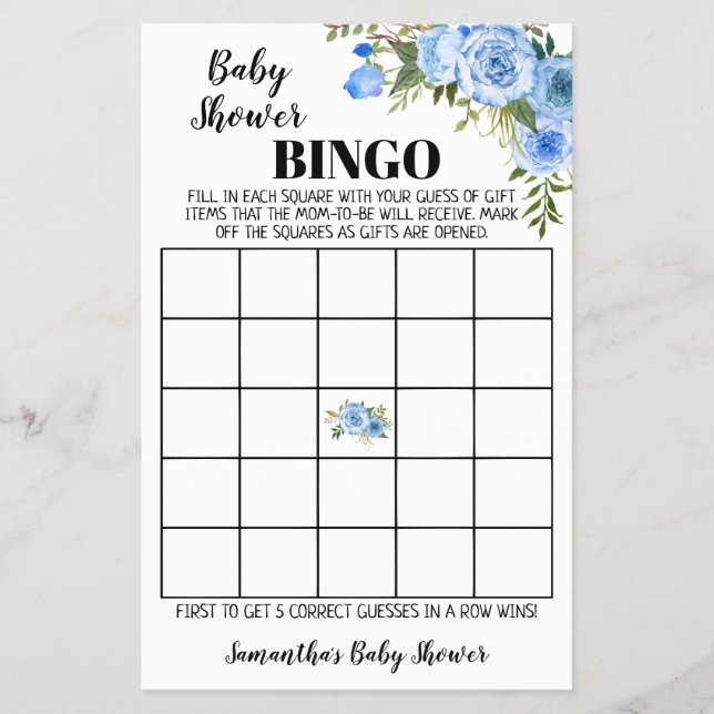 Flyer Tarjeta de juego de Bingo Baby Shower Flores Azule (Frente)