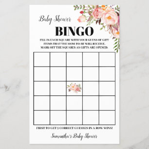 Flyer Tarjeta de juego de bingo Baby Shower Flores rosas