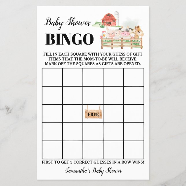 Flyer Tarjeta de juego de bingo Baby Shower para animale (Frente)