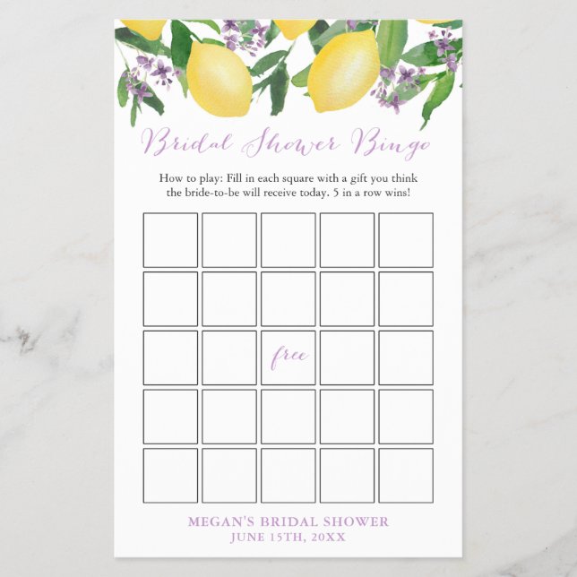 Flyer Tarjeta de juego de Bingo Bridal Shower con Lavand (Frente)