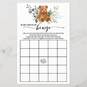Flyer Tarjeta de juego de bingo de Bear Greenery Baby Sh