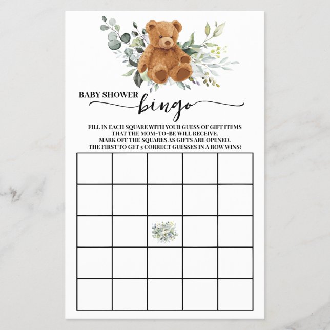 Flyer Tarjeta de juego de bingo de Bear Greenery Baby Sh (Frente)