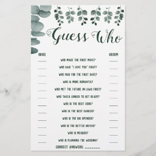 Flyer Tarjeta de juego de ducha de eucalipto Guess Who G