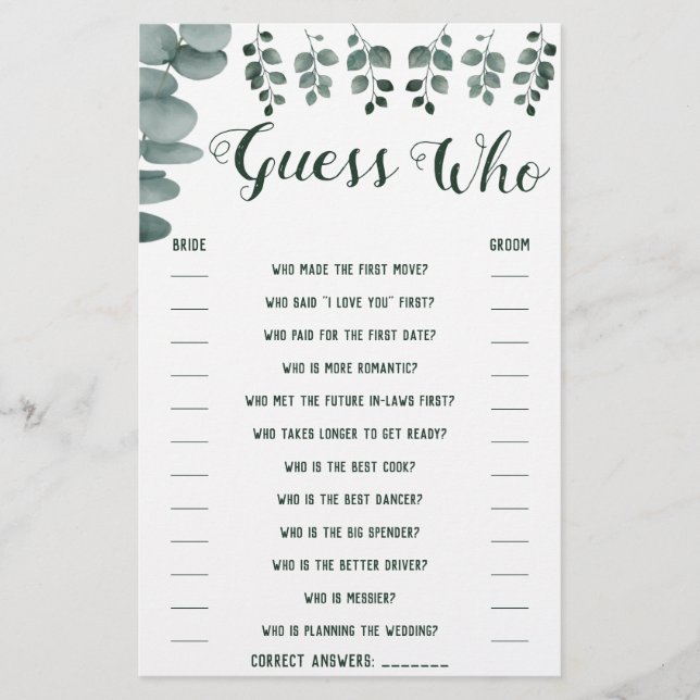 Flyer Tarjeta de juego de ducha de eucalipto Guess Who G (Frente)