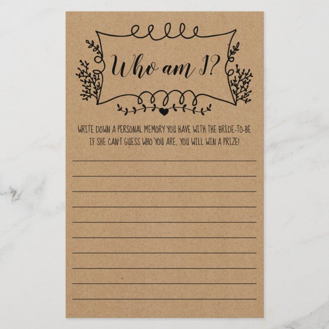 Flyer Tarjeta de juego de ducha de novia quién soy (Frente)