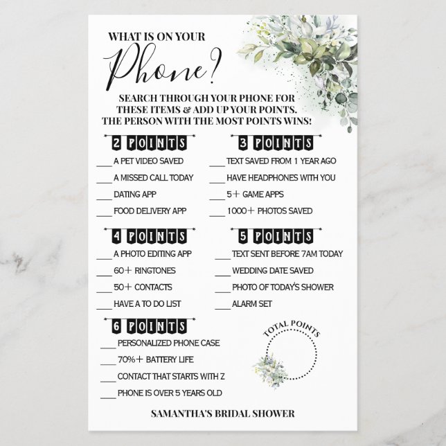 Flyer Tarjeta de juego de ducha Eucalipto Qué hay en tu  (Frente)