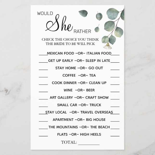 Flyer Tarjeta de juego de ducha Eucalyptus Would She Rat (Frente)