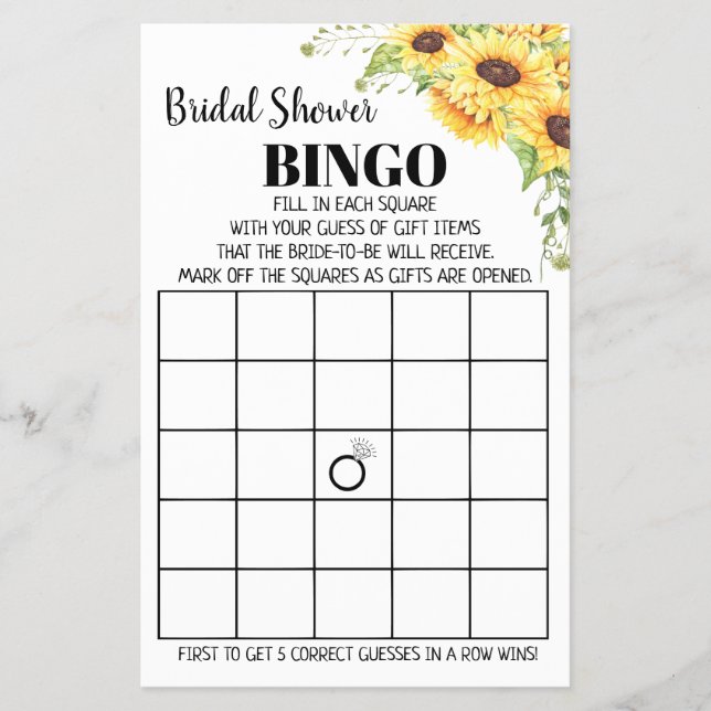 Flyer Tarjeta de juego de flor de novia Bingo Sunflowers (Frente)
