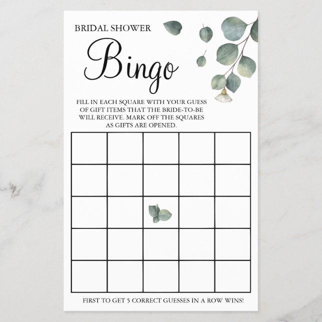 Flyer Tarjeta de juego Eucalyptus Bridal Shower Bingo (Frente)