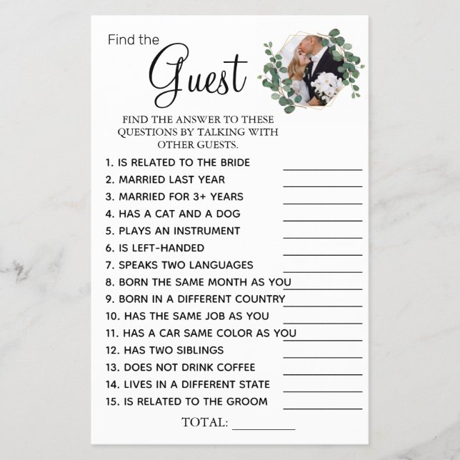 Flyer Tarjeta de juego Eucalyptus Find the Guest Bridal  (Frente)