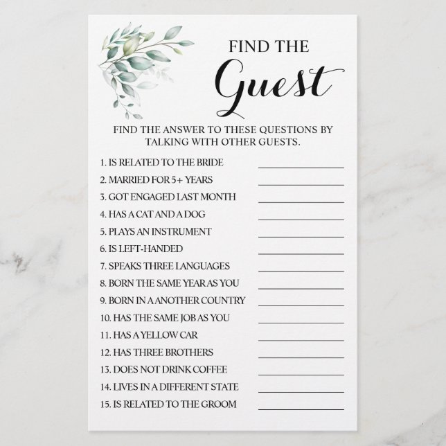 Flyer Tarjeta de juego Eucalyptus Find the Guest Bridal  (Frente)