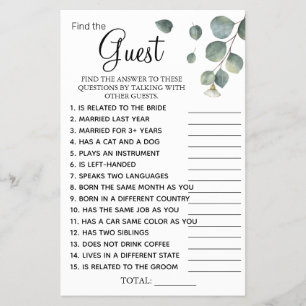 Flyer Tarjeta de juego Eucalyptus Find the Guest Bridal 