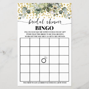 Flyer Tarjeta de juego Eucalyptus Gold Bridal Shower Bin