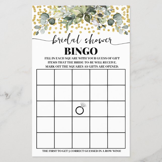 Flyer Tarjeta de juego Eucalyptus Gold Bridal Shower Bin (Frente)