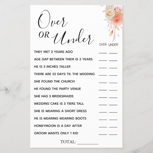 Flyer Tarjeta de juego Floral Over or Under Bridal (Frente)