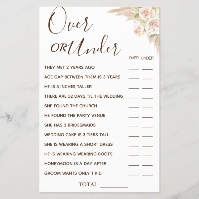 Flyer Tarjeta de juego Floral Over or Under Bridal (Frente)