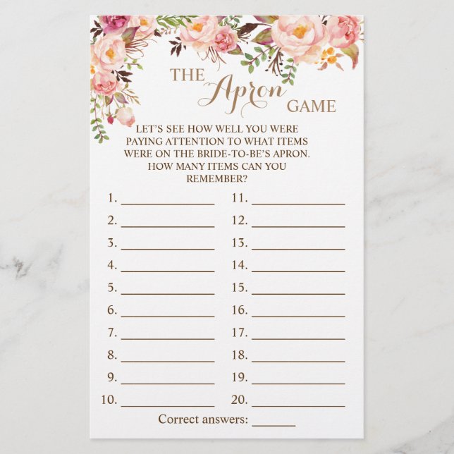 Flyer Tarjeta de juego floral rosa Apron Shower (Frente)