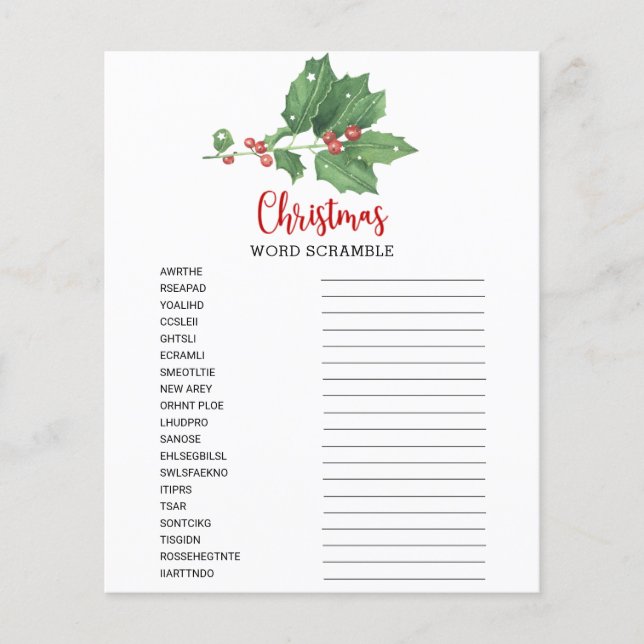 Flyer Tarjeta de juego Holly Wreath Word Scramble (Frente)