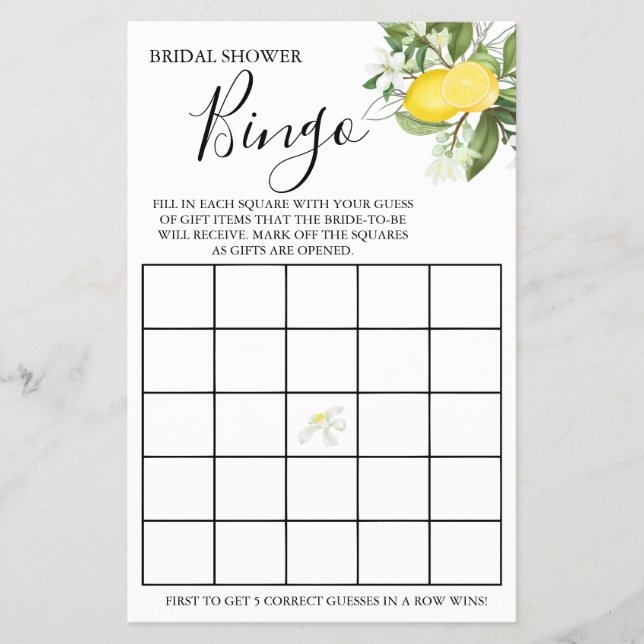 Flyer Tarjeta de juego Lemony Bridal Shower Bingo (Frente)
