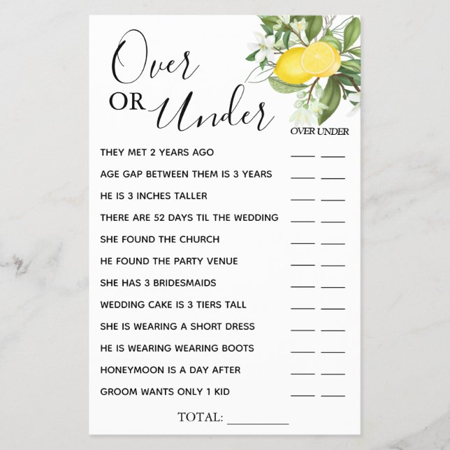 Flyer Tarjeta de juego Lemony Over or Under Bridal (Frente)