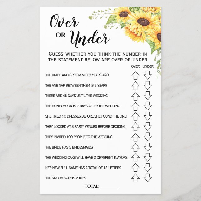 Flyer Tarjeta de juego Ove o Under Sunflowers Bridal Sho (Frente)