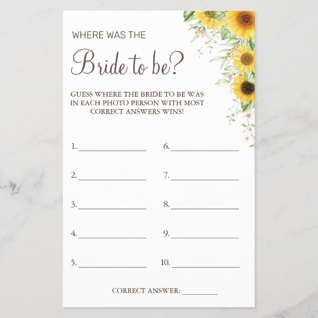 Flyer Tarjeta de juego Sunflower Where was She Bridal (Frente)