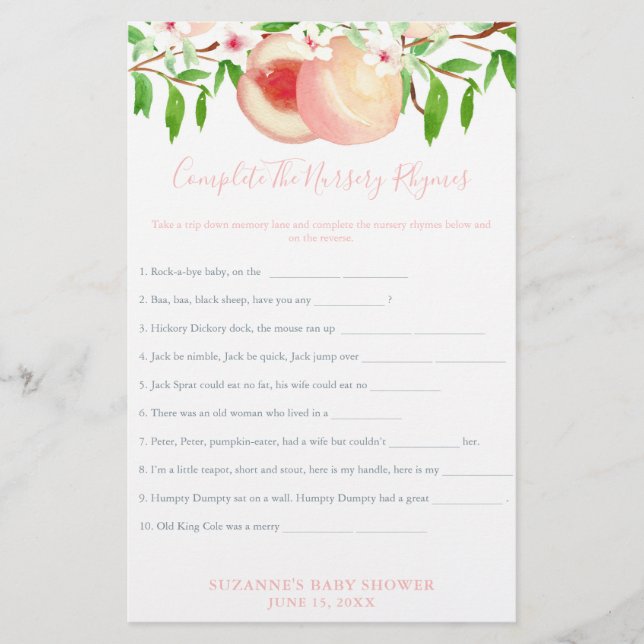 Flyer Tarjeta de juego Sweet Peaches Baby Shower Nursery (Frente)