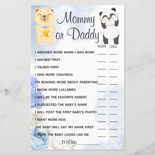 Flyer Tarjeta de juego Teddy Bears Mommy or Daddy Shower (Frente)