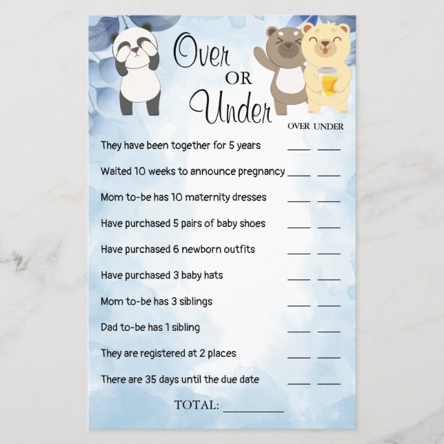 Flyer Tarjeta de juego Teddy Bears Over or Under Baby (Frente)