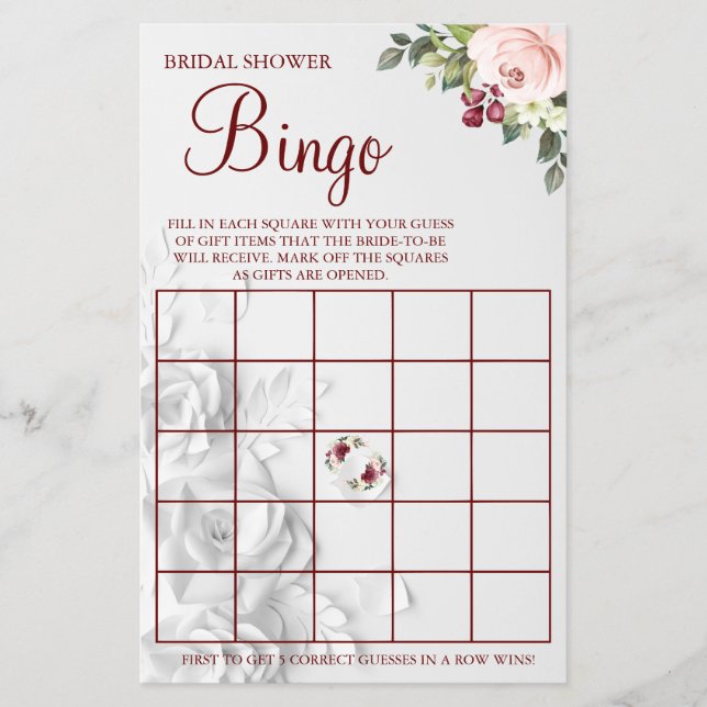 Flyer Tarjeta de juego Watercolor Bridal Shower Bingo (Frente)