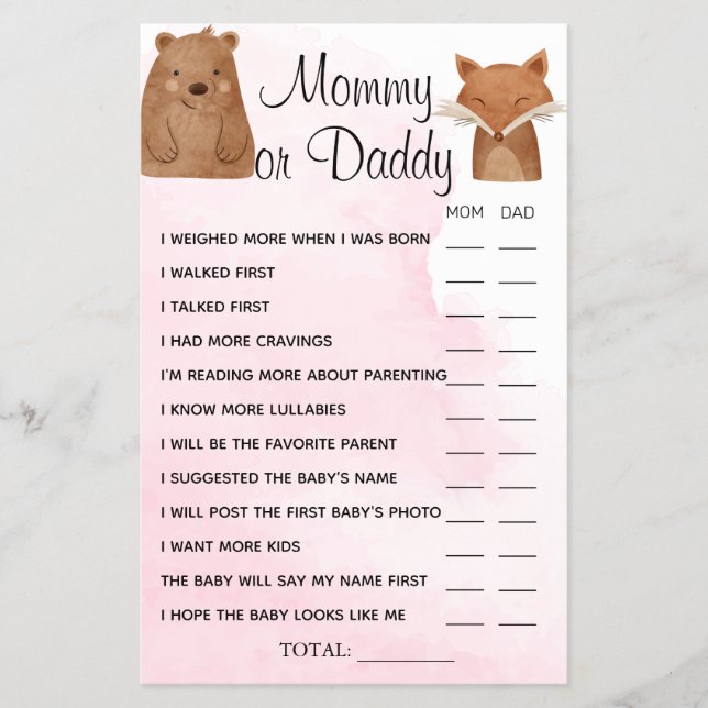Flyer Tarjeta de juego Woodland Animals Mami o Daddy Sho (Frente)