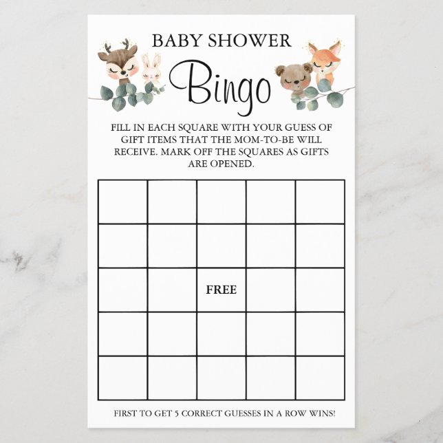 Flyer Tarjeta de juego Woodland Baby Shower Bingo (Frente)