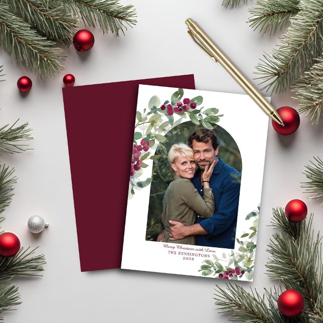 Flyer Tarjeta de Navidades del Arco de Verdor de Borgoña (BUDGET PAPER Burgundy Greenery Arch Christmas Card)