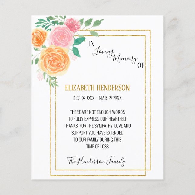 Flyer Tarjeta de presupuesto/agradecimiento en memoria d (Frente)