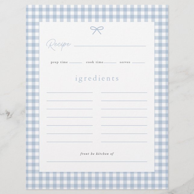 Flyer Tarjeta de receta de Baby Shower Dusty Blue Gingha (Frente)