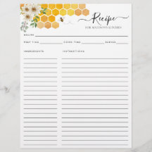 Tarjeta de receta de Bumblebee de Honeycomb floral
