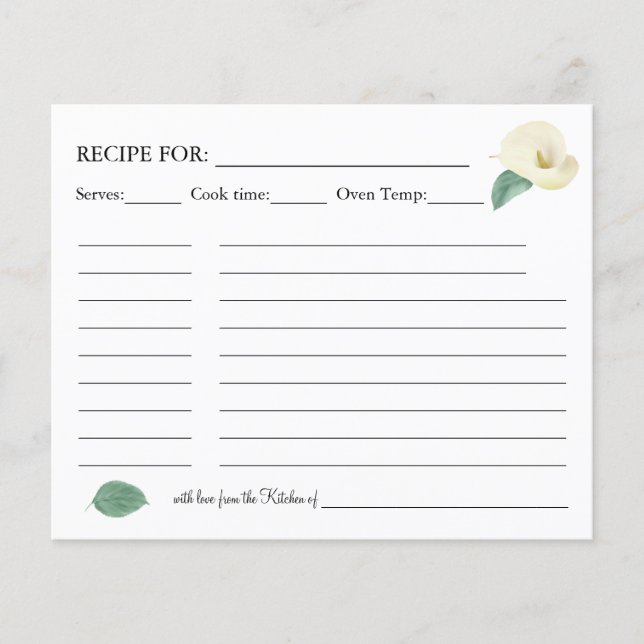 Flyer Tarjeta de receta Floral Calla Lilies Greenery (Frente)