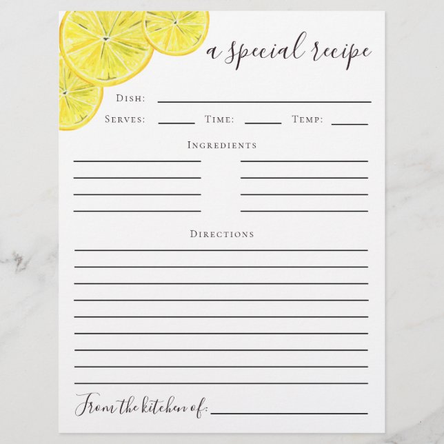 Flyer Tarjeta de receta Lemon Bridal Shower (Frente)