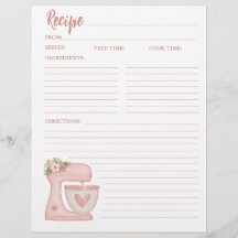 Tarjeta de recetas de panadería de pasteles floral